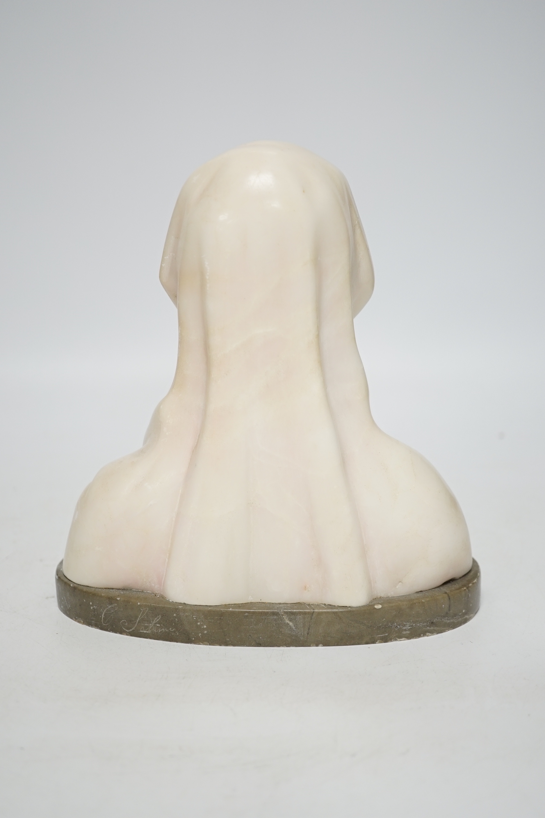 An early 20th century French small marble bust of a lady, signed C. Sabini?, 18cm